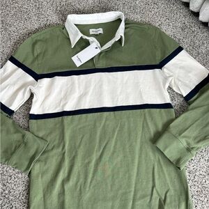 Goodfellow & Co Olive, White & Navy Rugby Stripe Polo